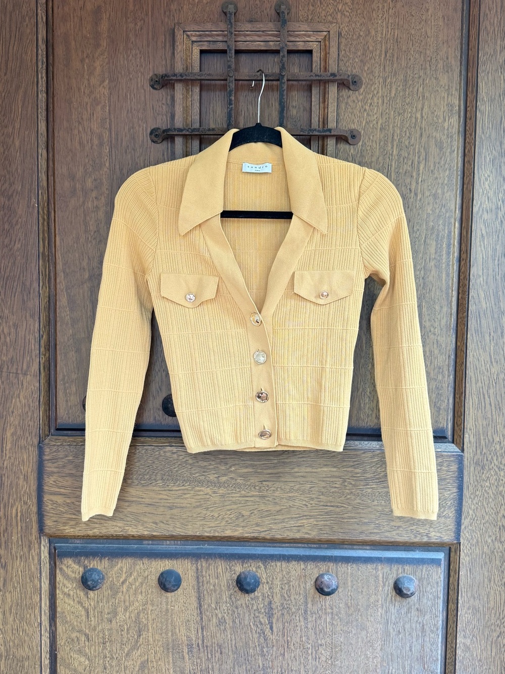 Sandro Mustard Button-Front Knit Crop Top Size S